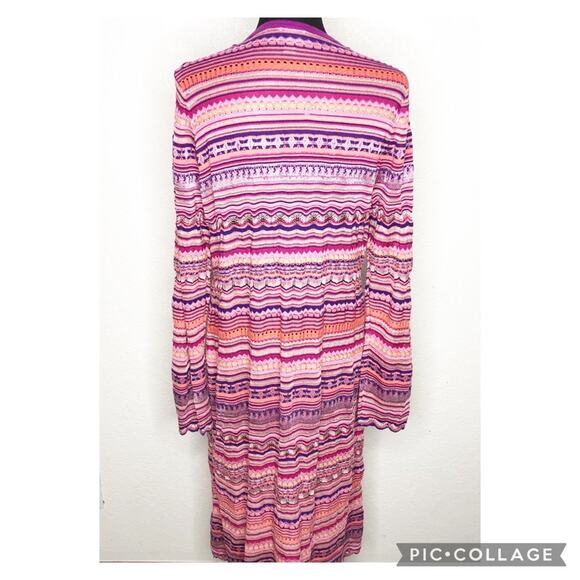 Chicos pink purple stripe crochet knit open front long cardigan size 2 or Medium - Picture 15 of 15